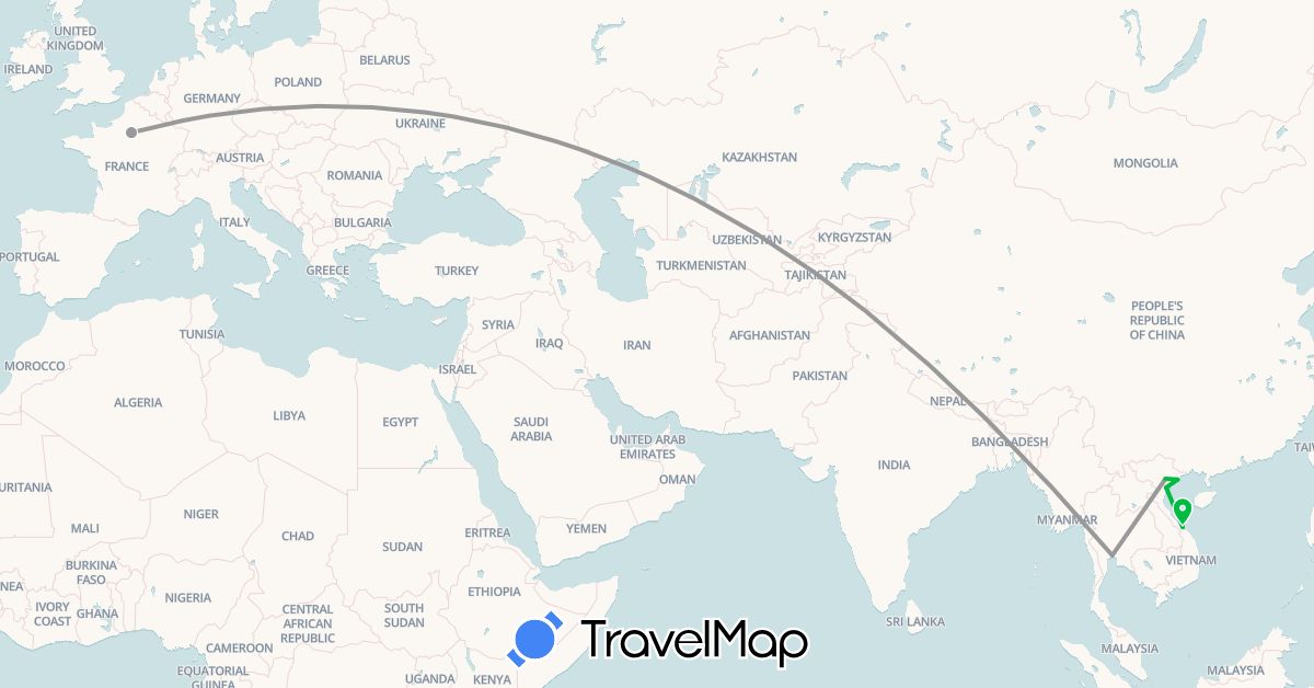 TravelMap itinerary: bus, plane in France, Thailand, Vietnam (Asia, Europe)